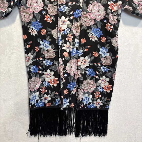 Carmen Women's Swimsuit Coverup Black Tropical Floral Fringe Open Front Kimono - Picture 5 of 12